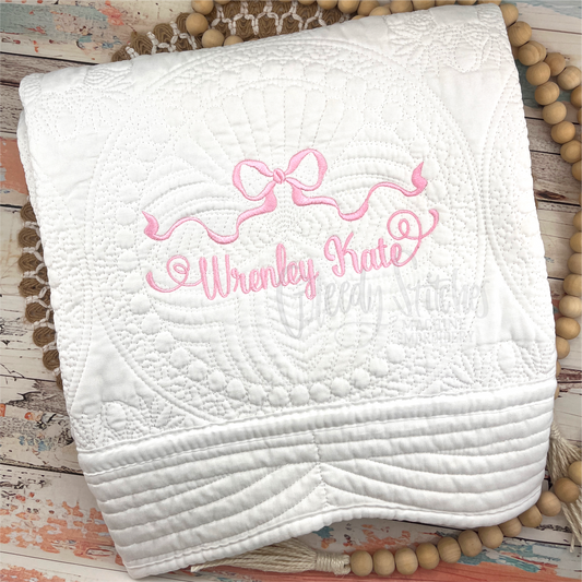 Embroidered Personalized Heirloom Quilt with Bow in White