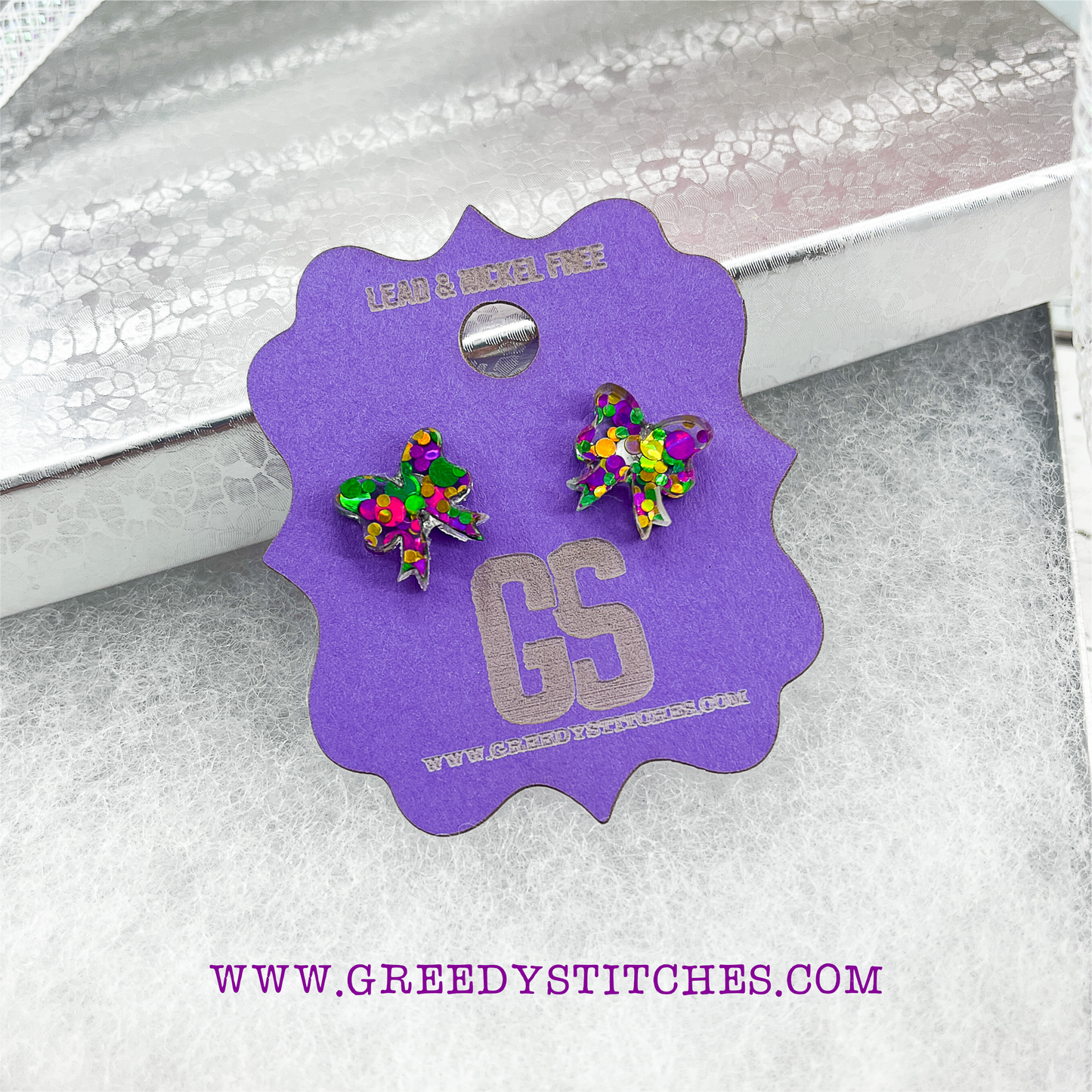 Mardi Gras Glitter Bow Earrings