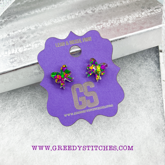 Mardi Gras Glitter Bow Earrings