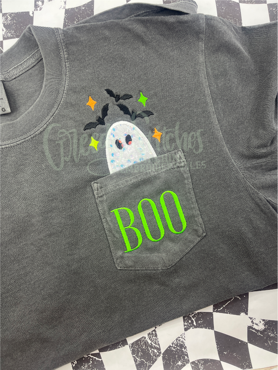 Judging Ghost with Bats Applique Pocket Peeker Machine Embroidery Design