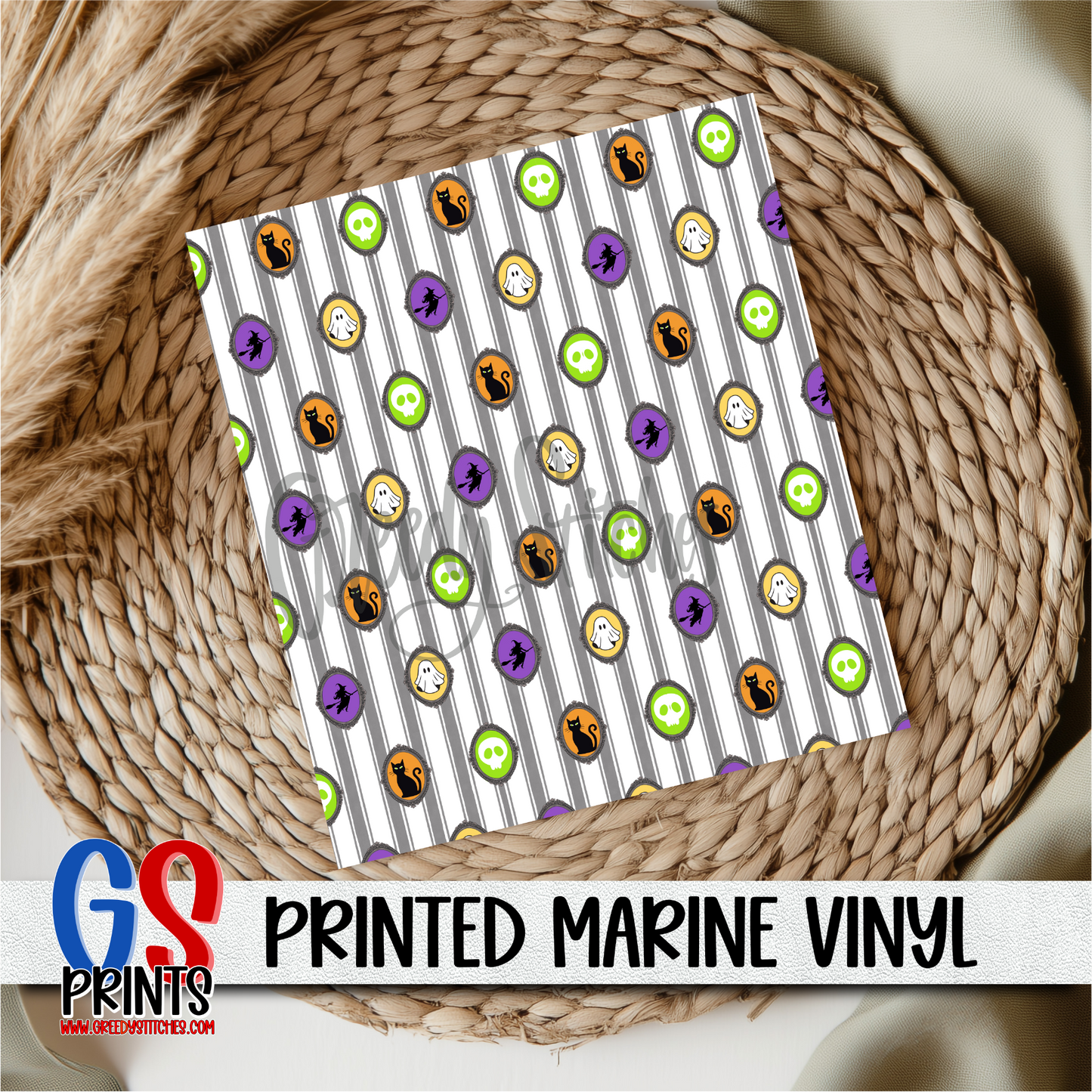Halloween Frames Grey Pinstripes Print Marine Vinyl
