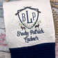 Deer Crest Embroidered Personalized Heirloom Quilt in White with Navy Blue Trim