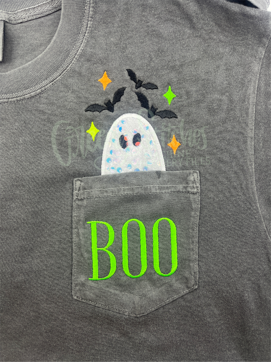 Judging Ghost with Bats Applique Pocket Peeker Machine Embroidery Design
