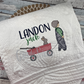 Rabbit Hunter Boy with Wagon Embroidered Personalized Heirloom Quilt in White with White Trim