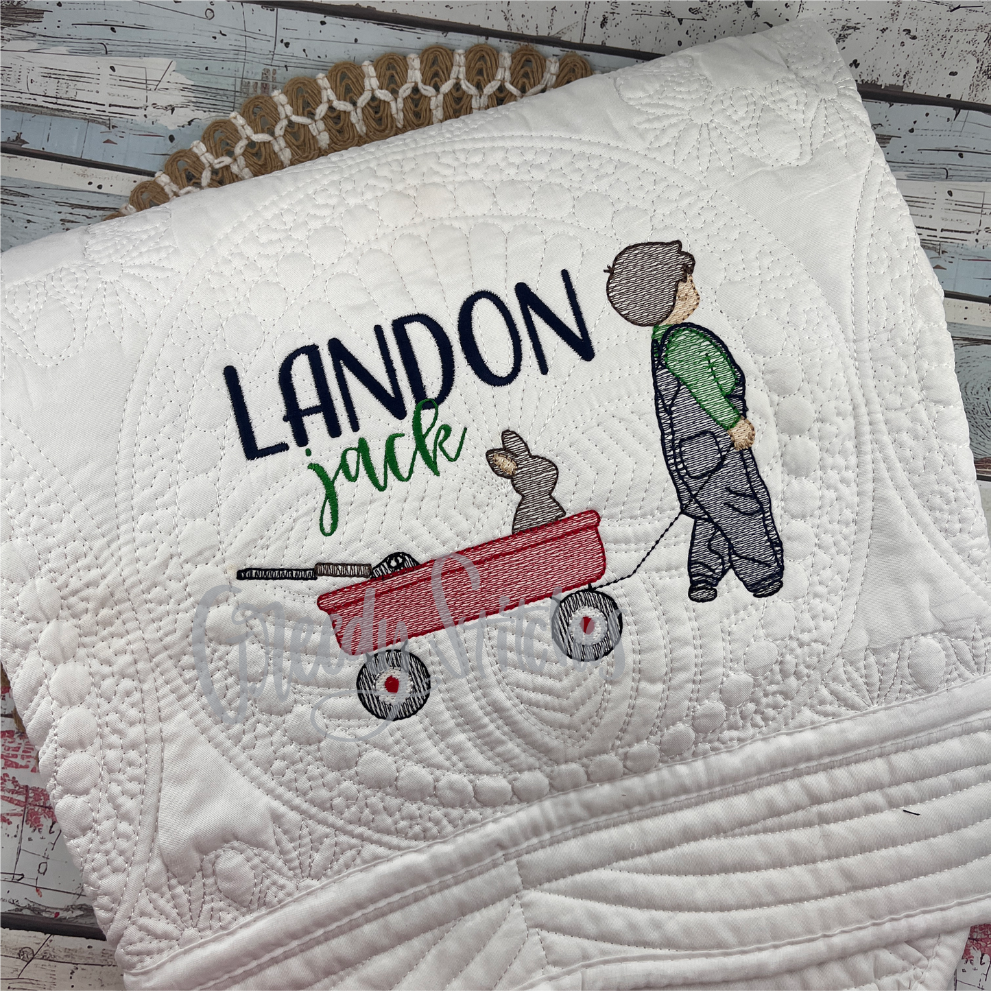 Rabbit Hunter Boy with Wagon Embroidered Personalized Heirloom Quilt in White with White Trim
