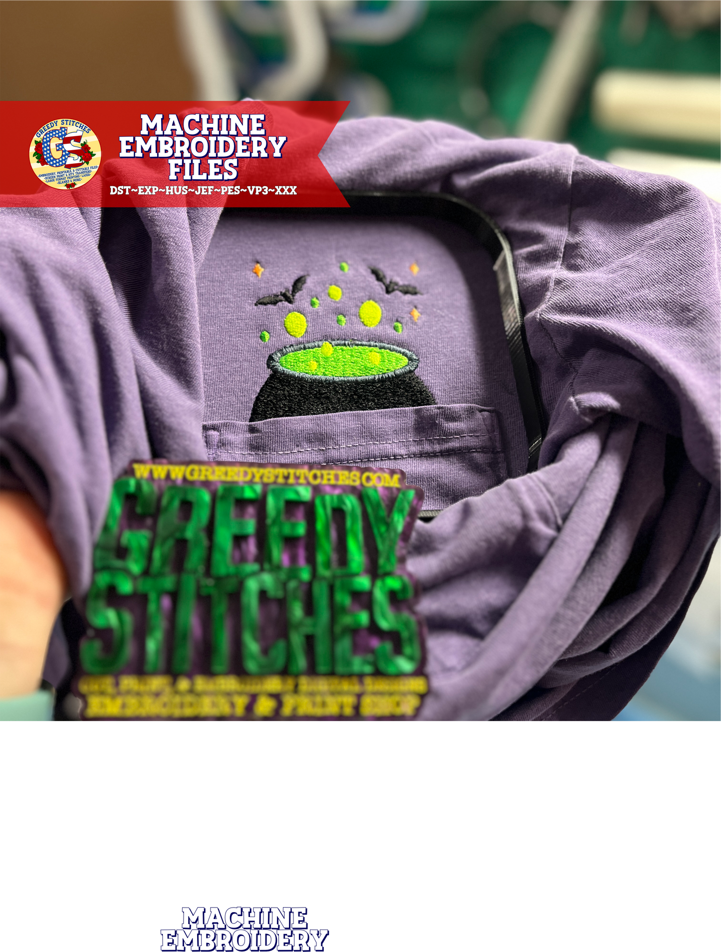 Bubbling Cauldron with Bats Pocket Peeker Machine Embroidery Design