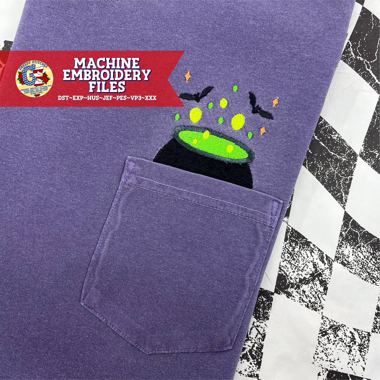 Bubbling Cauldron with Bats Pocket Peeker Machine Embroidery Design