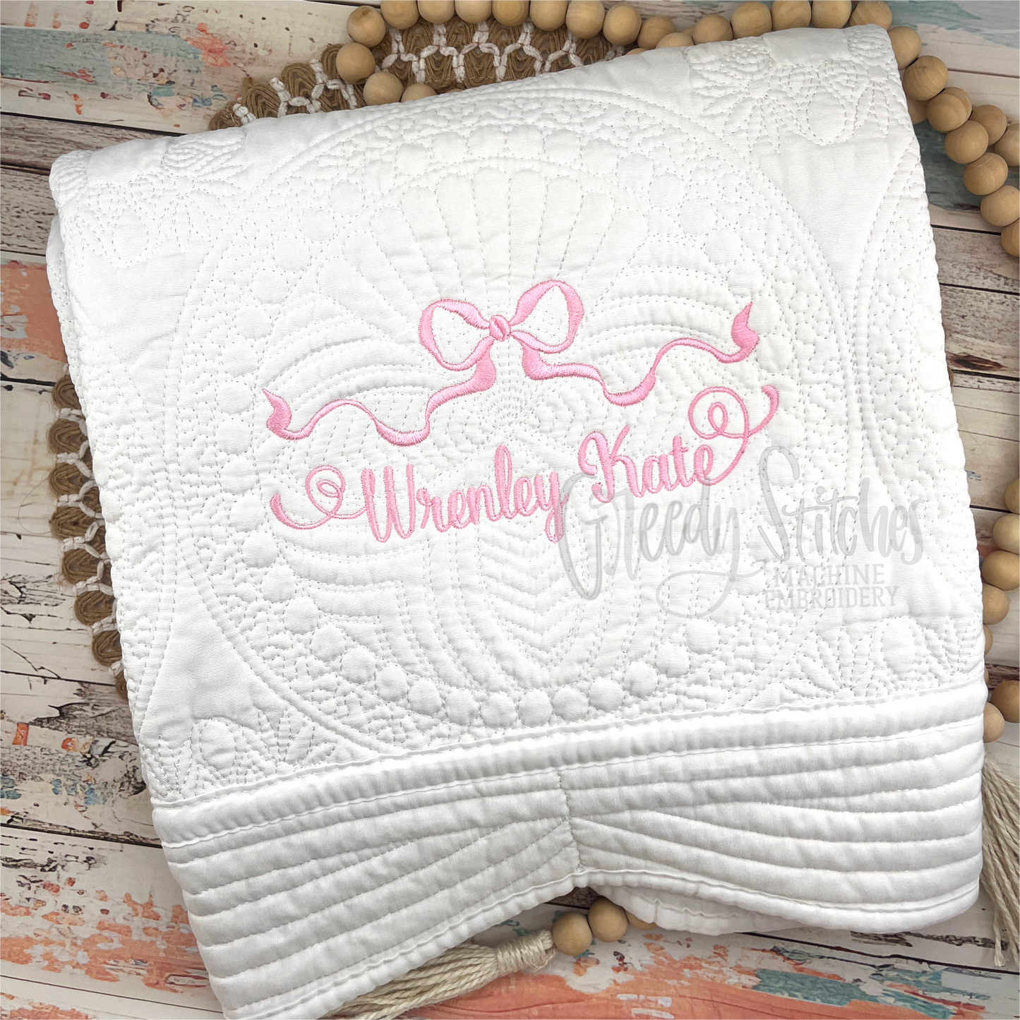 Embroidered Personalized Heirloom Quilt with Bow in White