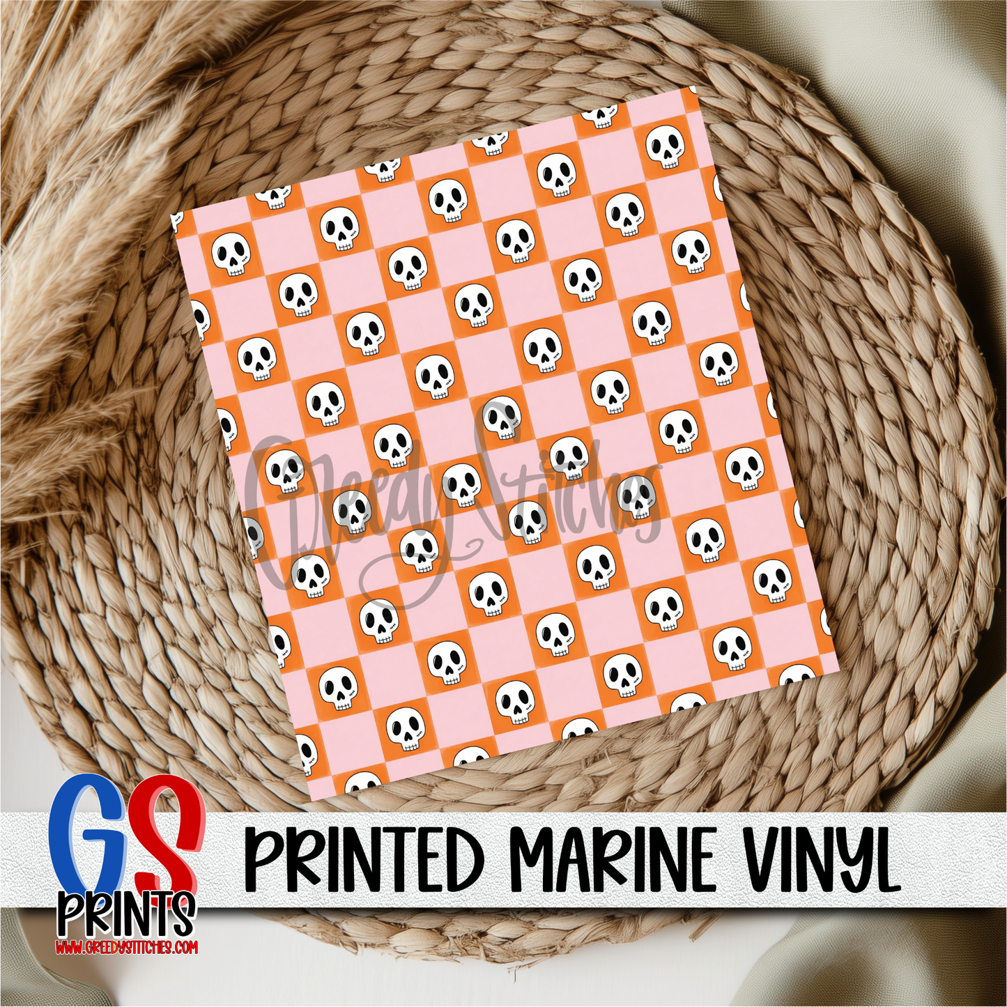 Retro Halloween Checkered Skulls Printed Marine Vinyl