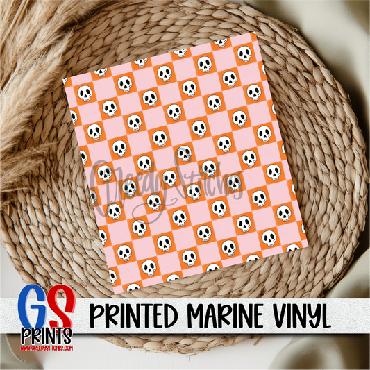 Retro Halloween Checkered Skulls Printed Marine Vinyl
