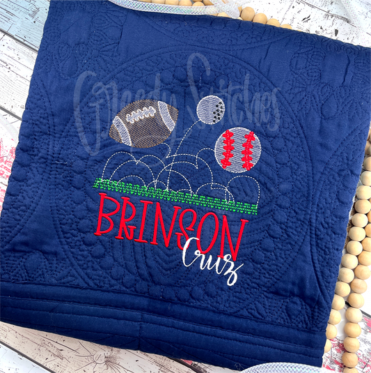 Embroidered Sports Personalized Heirloom Quilt in Navy Blue - Football, Golf, Baseball
