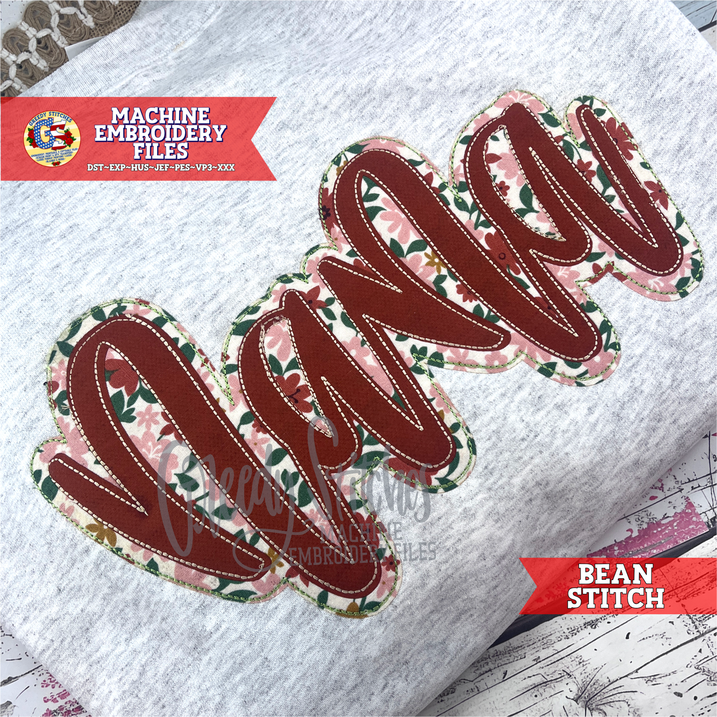 Nana Bean Stitch Double Applique Machine Embroidery Design