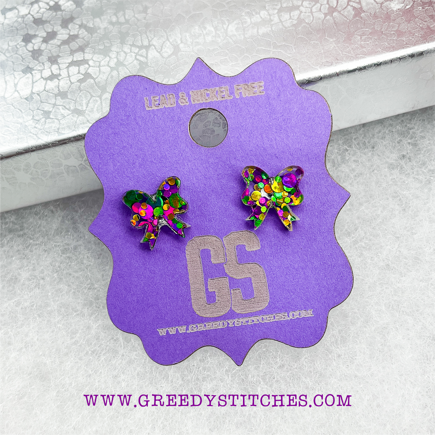 Mardi Gras Glitter Bow Earrings