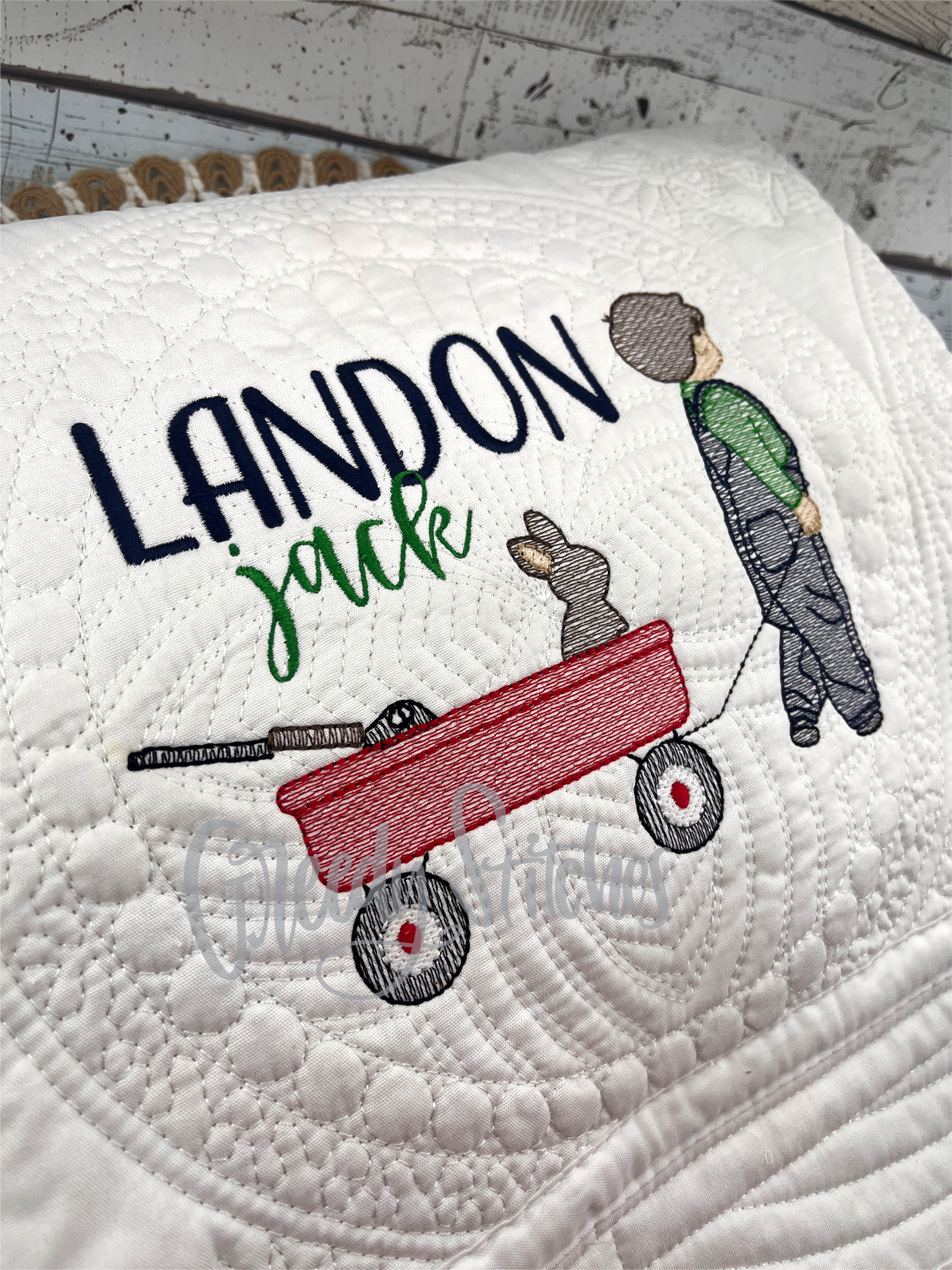 Rabbit Hunter Boy with Wagon Embroidered Personalized Heirloom Quilt in White with White Trim
