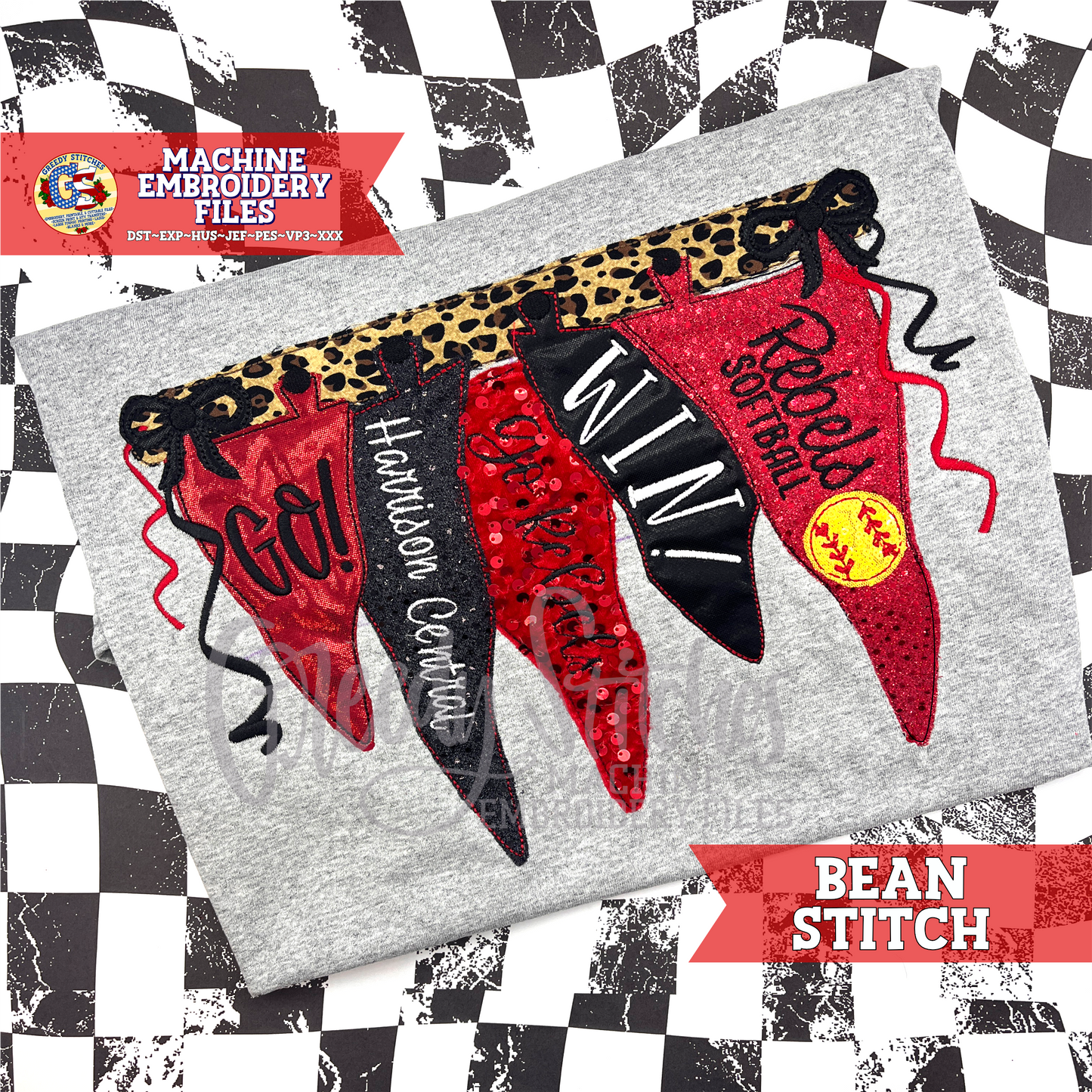 Hanging Pennants Bean Applique Machine Embroidery Design