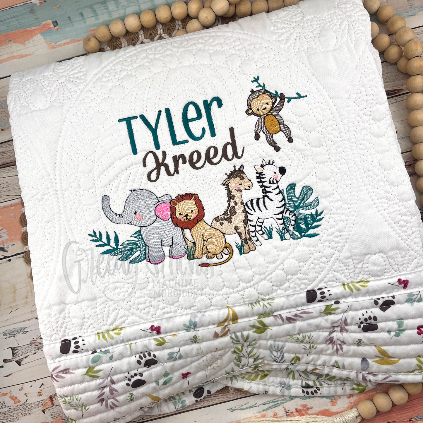 Embroidered Safari Personalized Heirloom Quilt in White with Safari Trim
