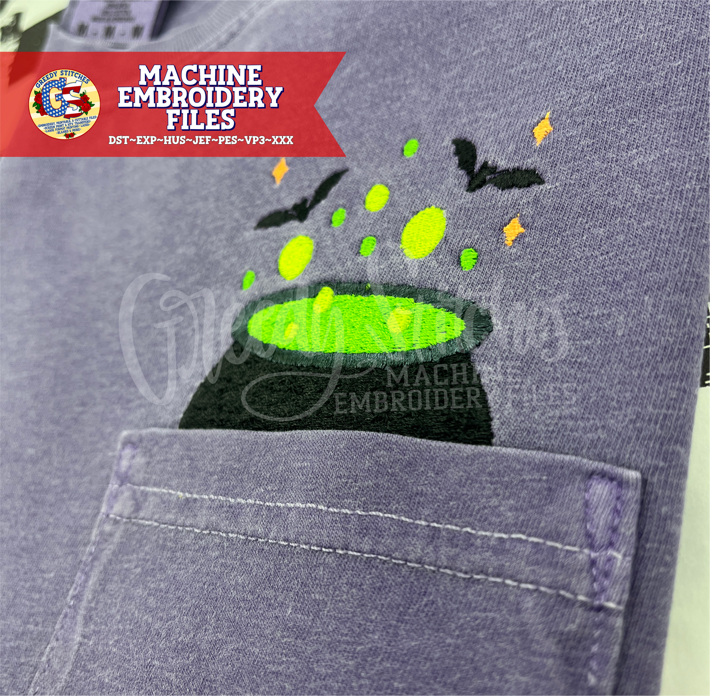 Bubbling Cauldron with Bats Pocket Peeker Machine Embroidery Design