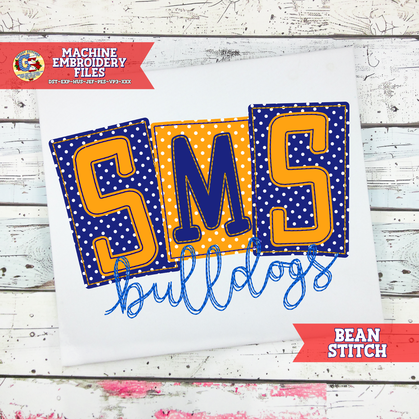 SMS Bulldogs Bean Stitch Applique Machine Embroidery Design - Semmes Middle School