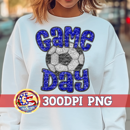 Soccer Game Day Royal Blue Faux Embroidery Sequins PNG