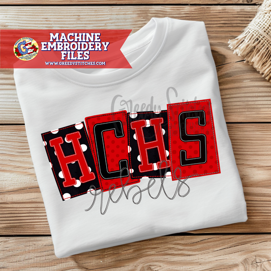 HCHS Rebels Bean Stitch Applique Machine Embroidery Design - Harrison Central High School Rebels