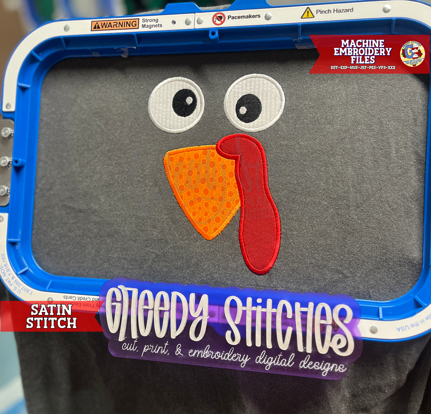 Cute Turkey Face Satin Stitch Applique Machine Embroidery Design - Thanksgiving