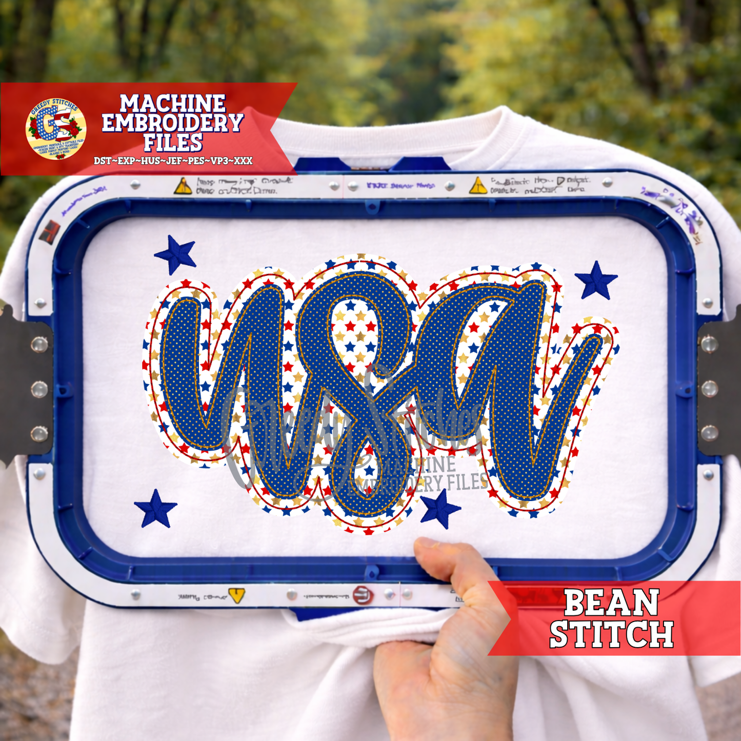 USA Double Applique Bean Stitch Machine Embroidery Design