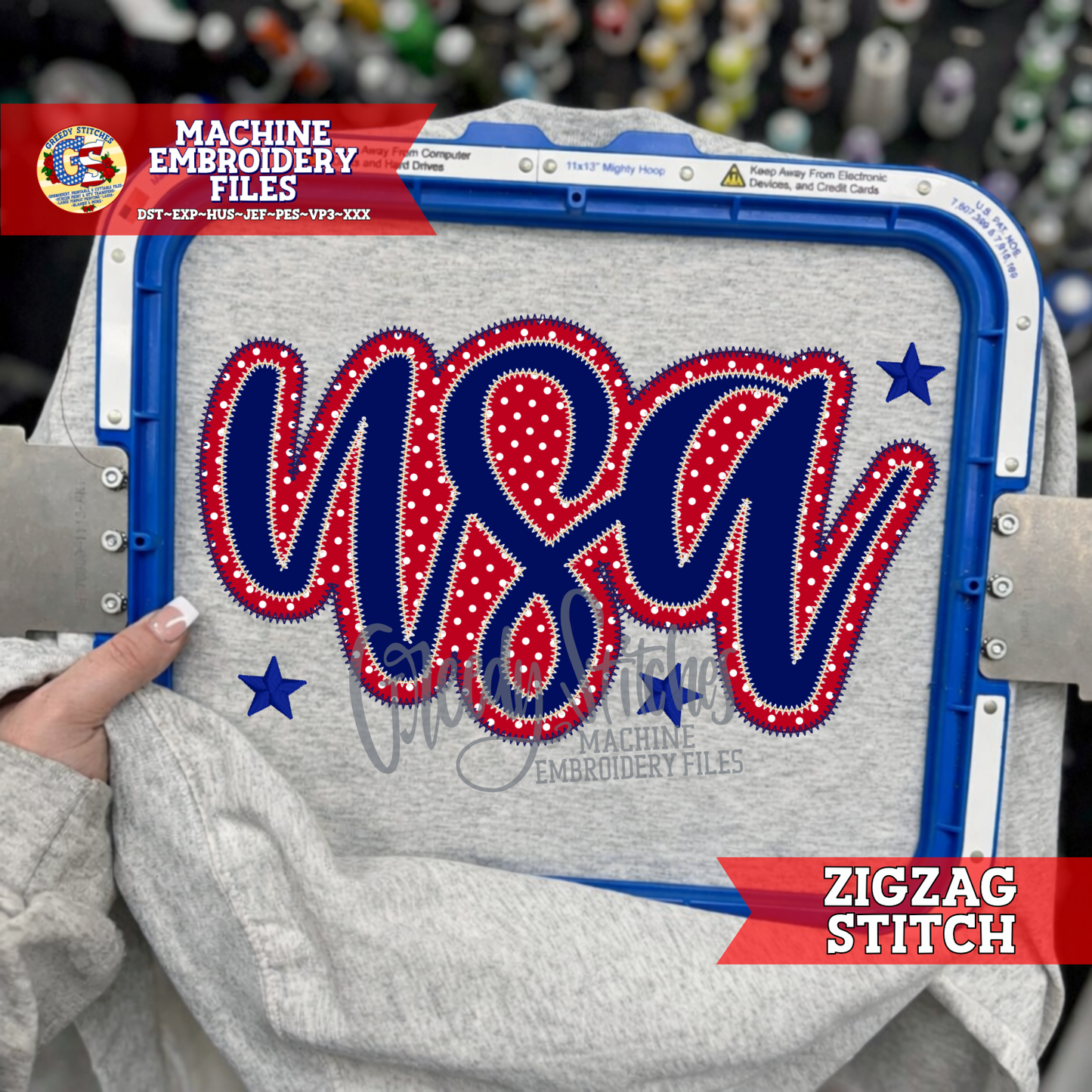 USA Double Applique Zig Zag Machine Embroidery Design