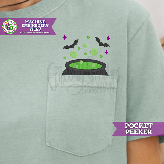 Bubbling Cauldron with Bats Pocket Peeker Machine Embroidery Design