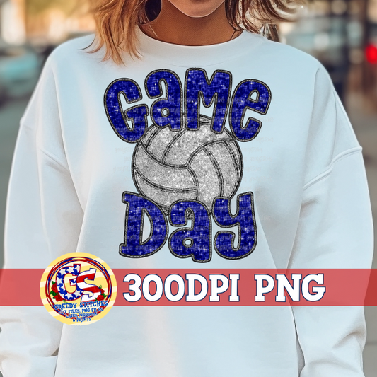 Volleyball Game Day Navy Faux Embroidery Sequins PNG