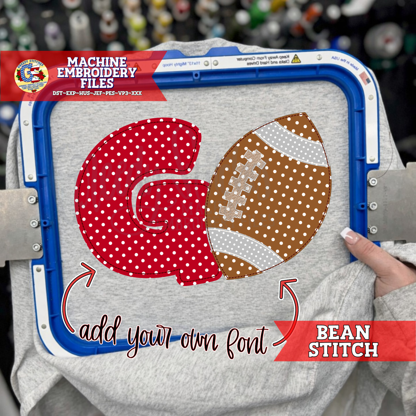 Go Football Bean Stitch Applique Machine Embroidery Design