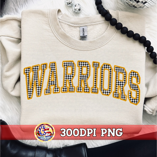 Warriors Gingham Faux Embroidery PNG - Black Yellow