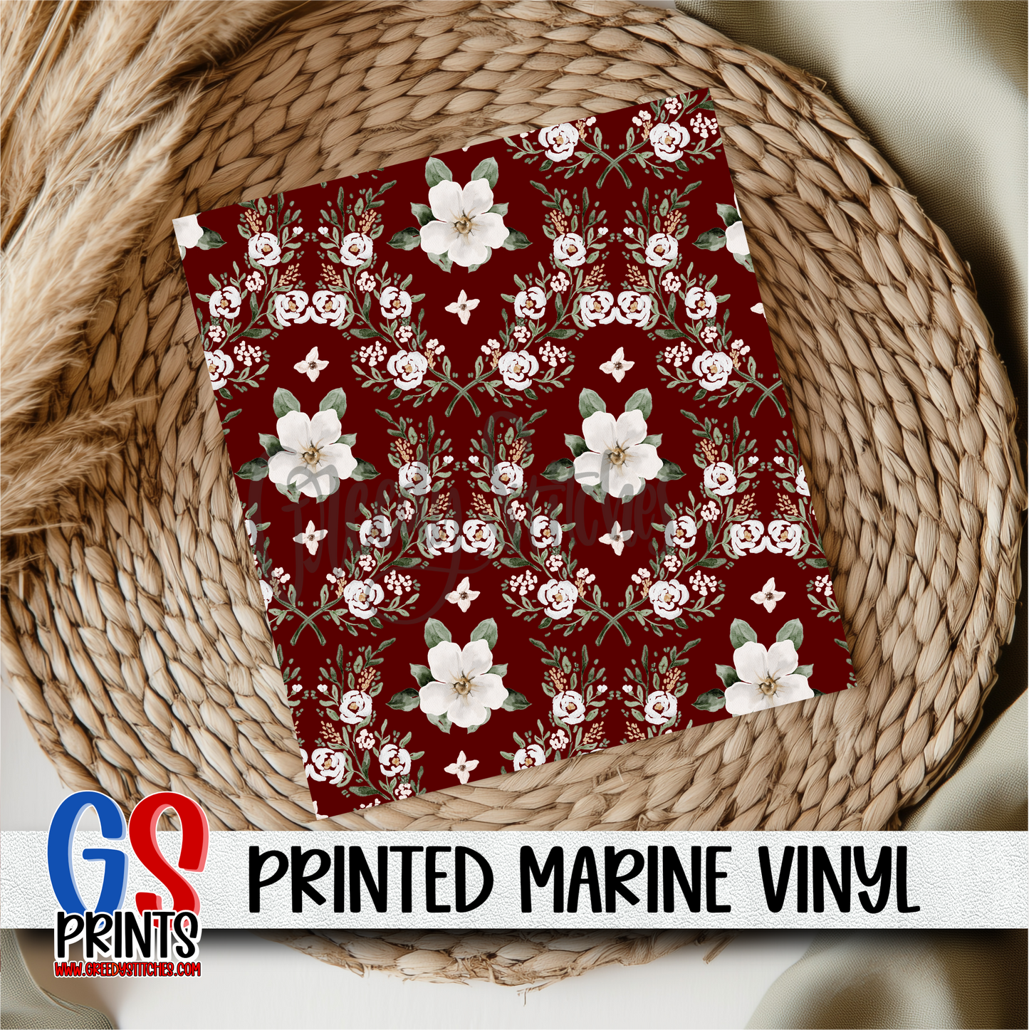 White Flowers Maroon Marine Vinyl