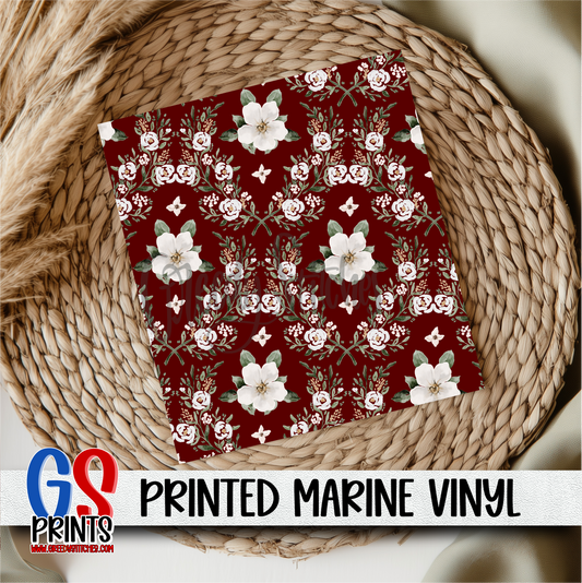 White Flowers Maroon Marine Vinyl