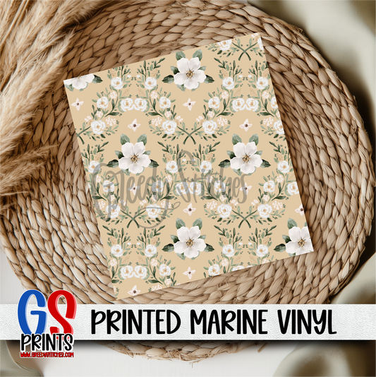 White Flowers Tan Marine Vinyl