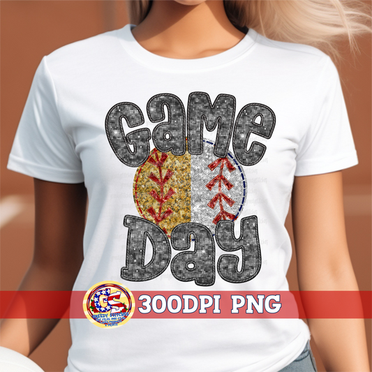 Split Softball Baseball Game Day Black Faux Embroidery Sequins PNG
