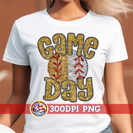 Split Softball Baseball Game Day Gold Faux Embroidery Sequins PNG