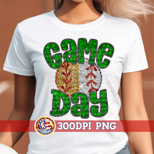 Split Softball Baseball Game Day Green Faux Embroidery Sequins PNG