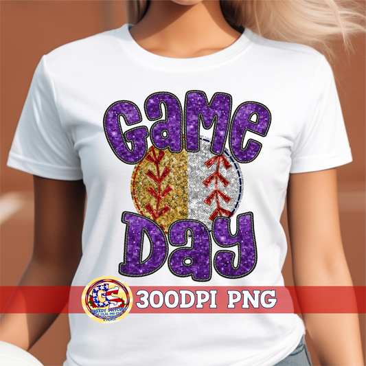 Split Softball Baseball Game Day Purple Faux Embroidery Sequins PNG