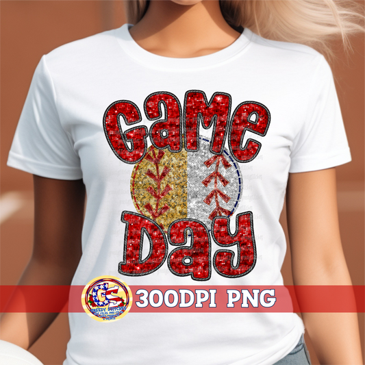 Split Softball Baseball Game Day Red Faux Embroidery Sequins PNG