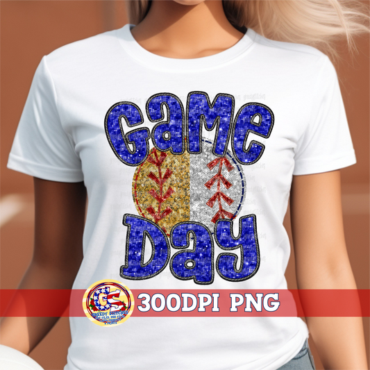 Split Softball Baseball Game Day Royal Faux Embroidery Sequins PNG