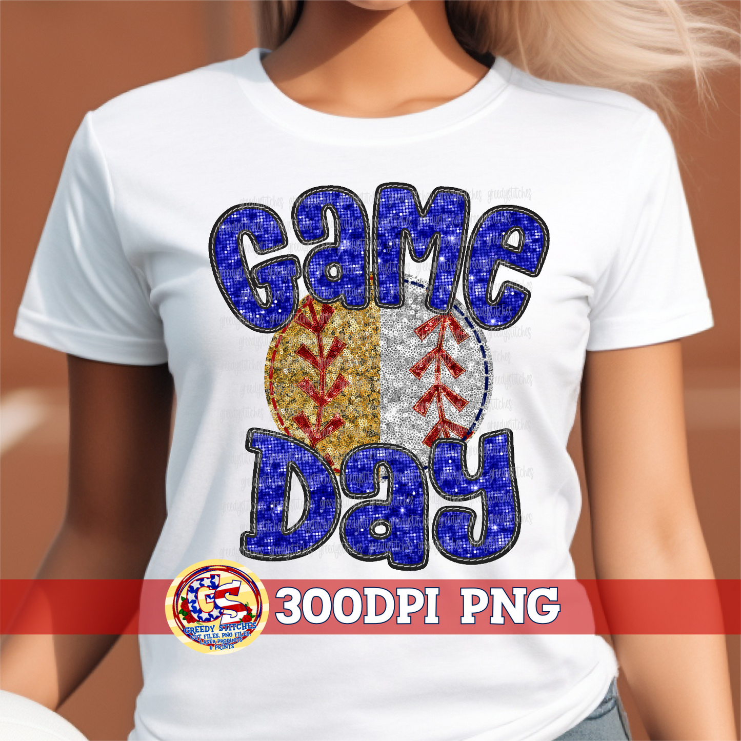 Split Softball Baseball Game Day Royal Faux Embroidery Sequins PNG