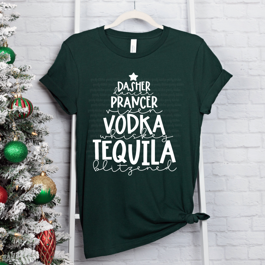 Dasher Dancer Prancer Vixen Vodka Whiskey Tequila Blitzened Christmas ADULT Screen Print Transfer