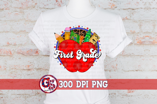 Retro First Grade Back To School Apple Frame PNG for Sublimation