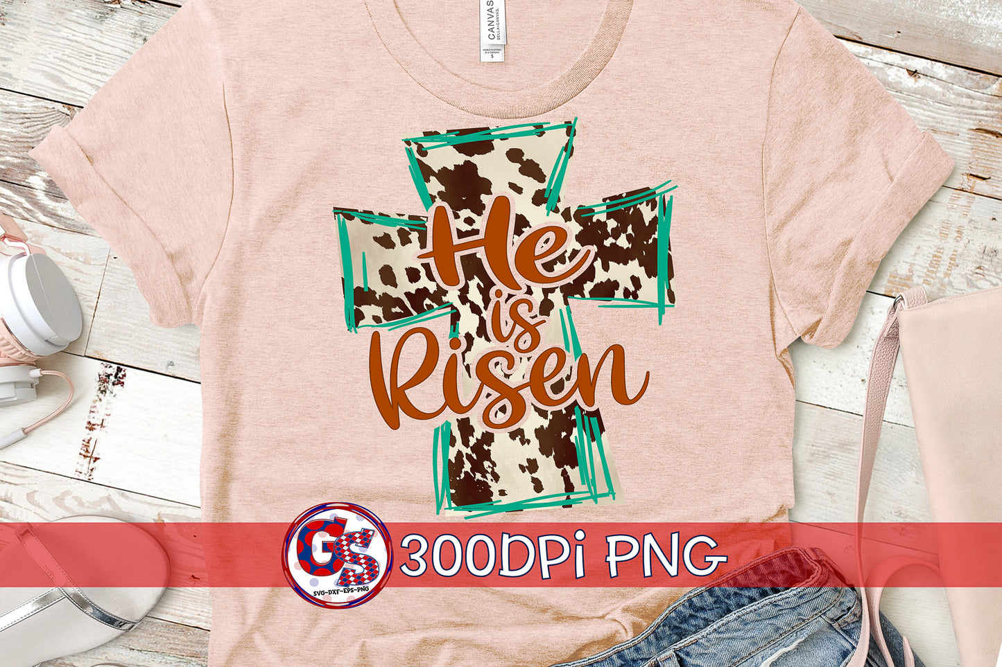 He is Risen Cow Hide Cross PNG for Sublimation