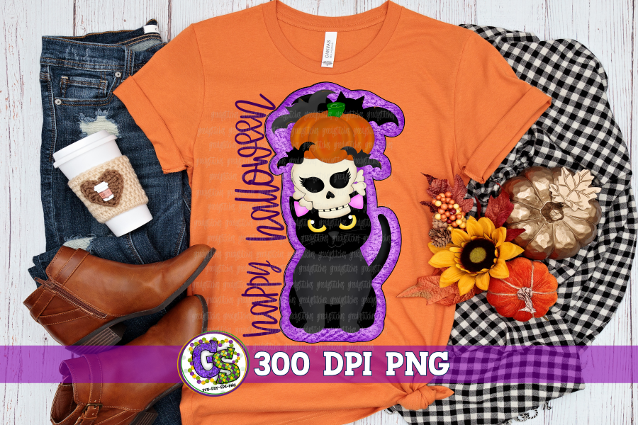 Happy Halloween Black Cat Skull Pumpkin Bats PNG for Sublimation