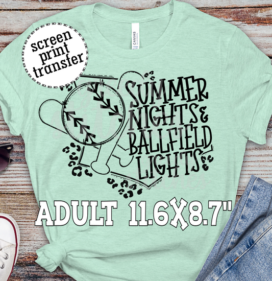 Summer Nights & Ballfield Lights ADULT Screen Print Transfer