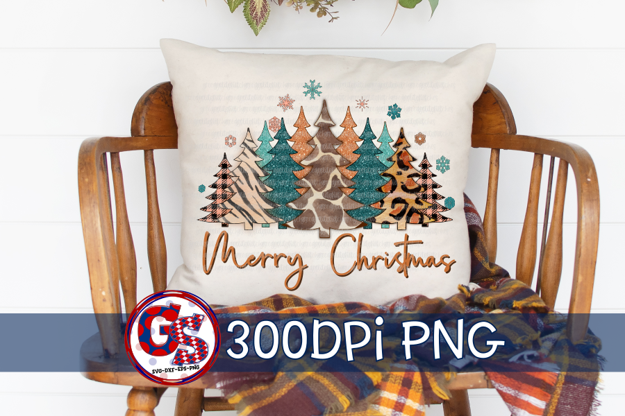 Glitter Animal Print Merry Christmas Trees PNG for Sublimation