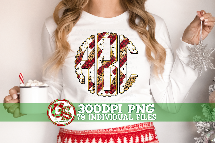 Christmas Dots Plaid Leopard Scalloped Monogram Set PNG