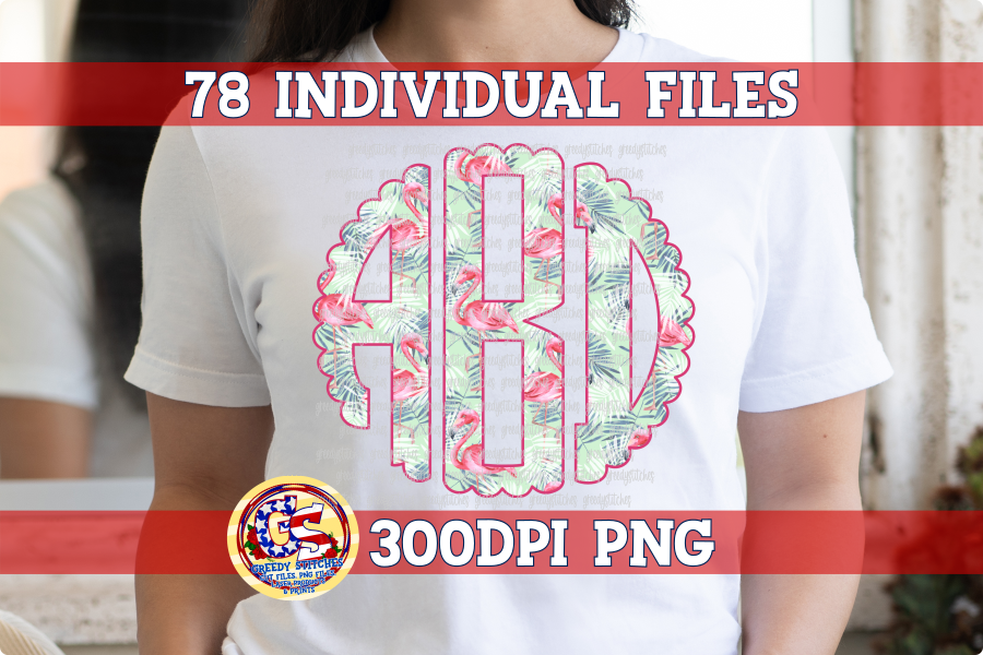 Pink Flamingo Scalloped Monogram Set PNG for Sublimation