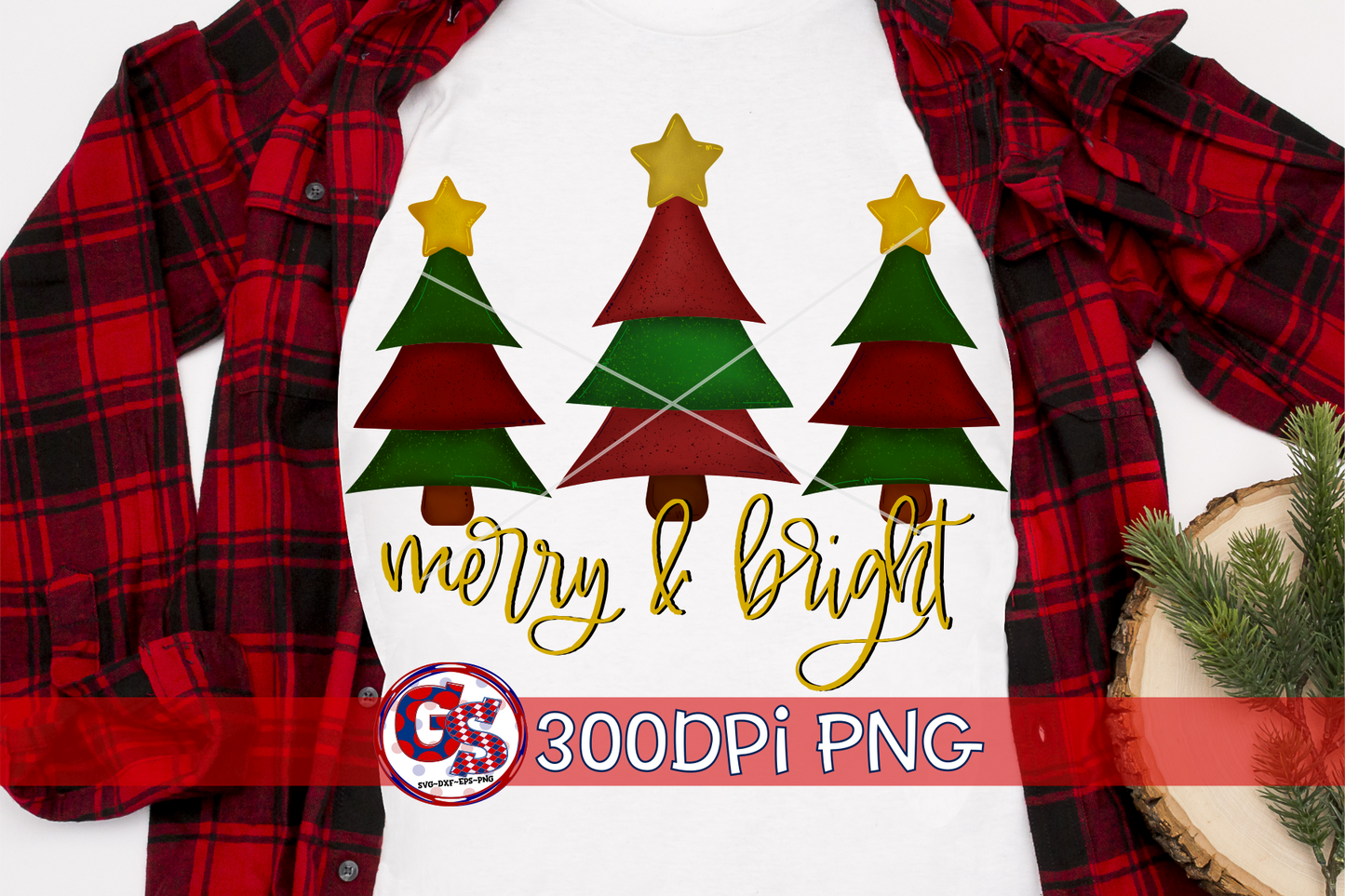 Merry and Bright Christmas Trees PNG for Sublimation
